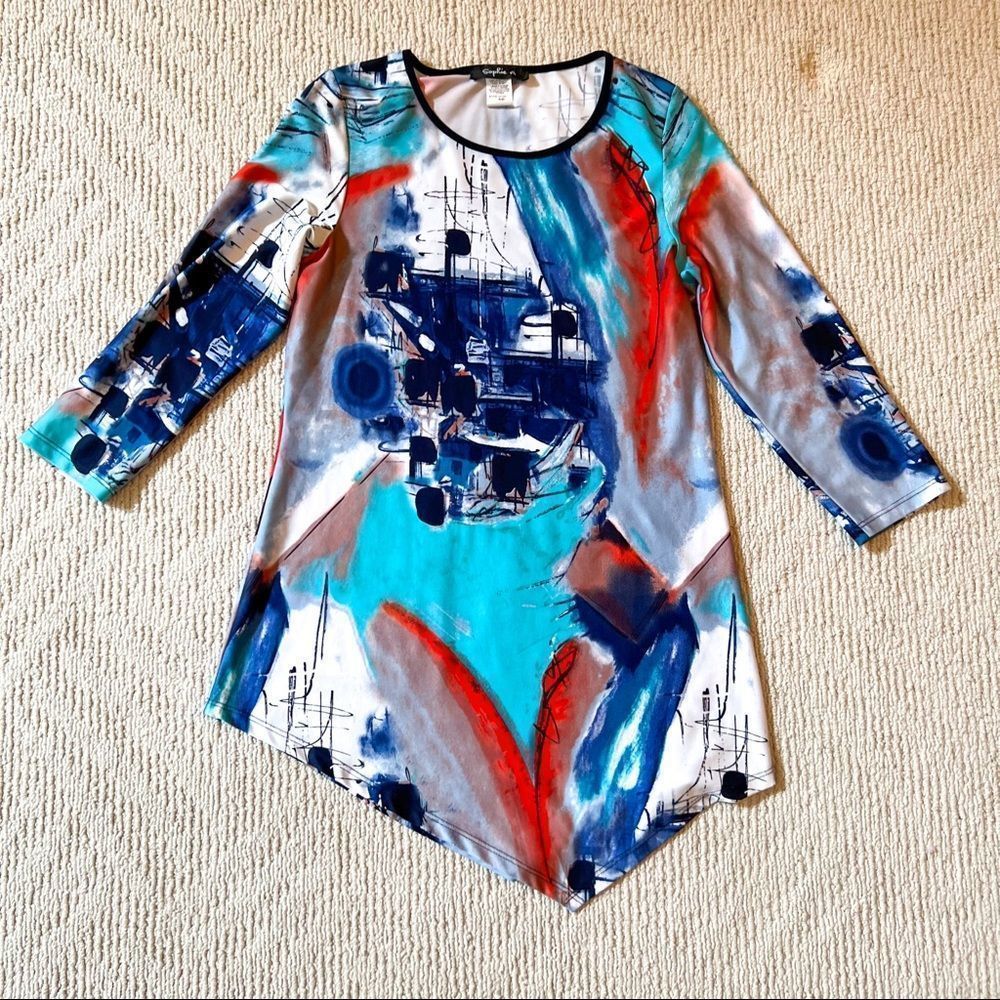 Sophie A Women’s Petite Small Abstract Multicolor Top 3/4 Sleeve Scoop Neck